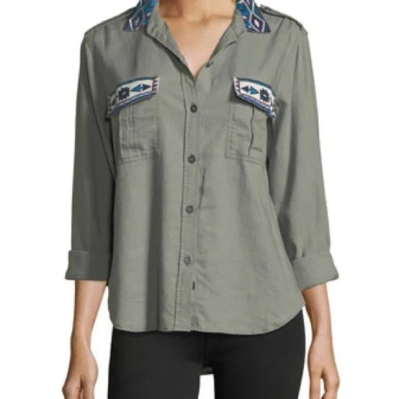 Rails Kona Button Down Shirt Linen Blend Embroidered Olive Green Shirt Sz XS - Picture 4 of 14